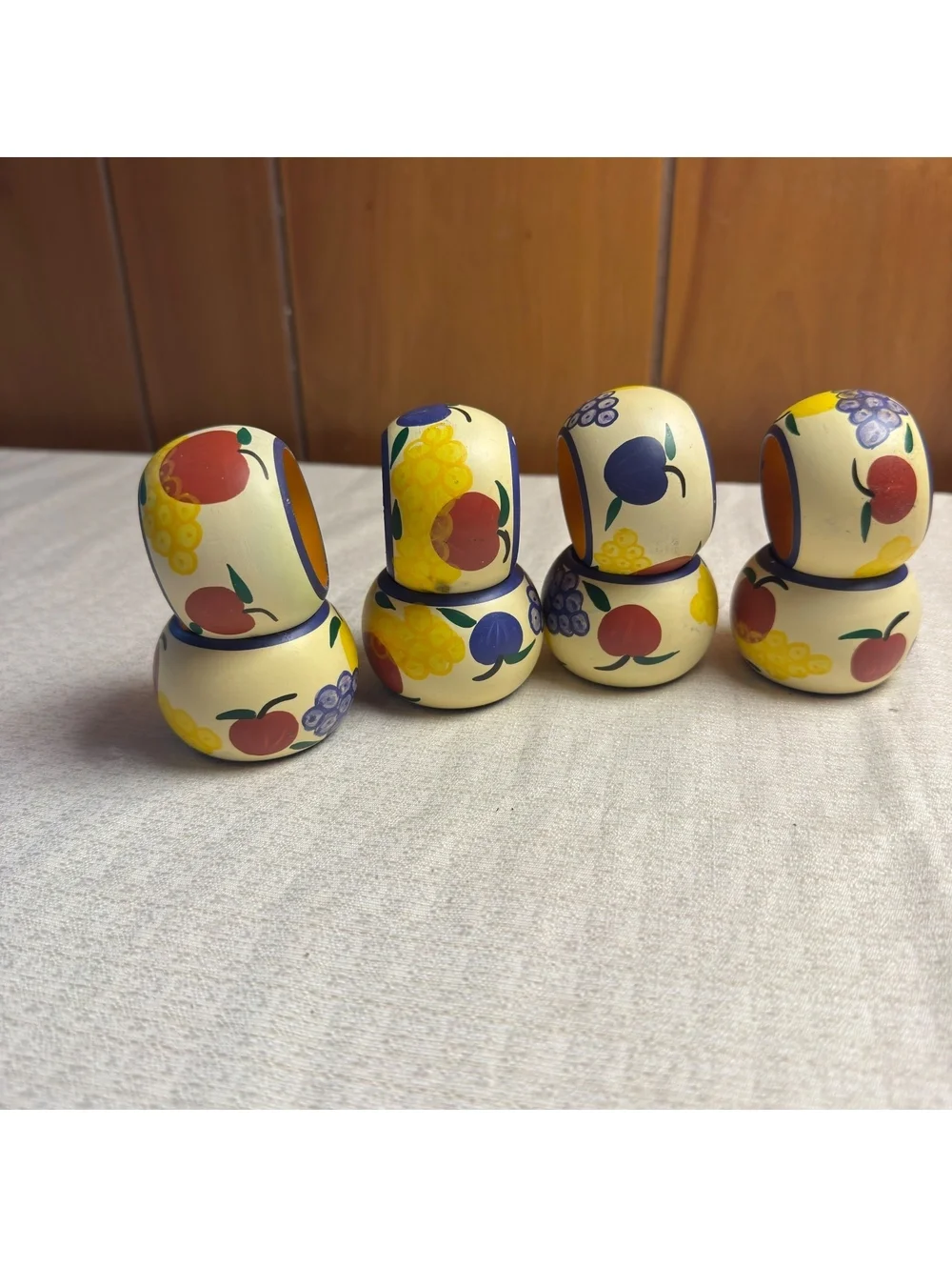 Dansk Fruit Pattern Wooden Napkin Rings Set of 8 Vintage Colorful Table Decor